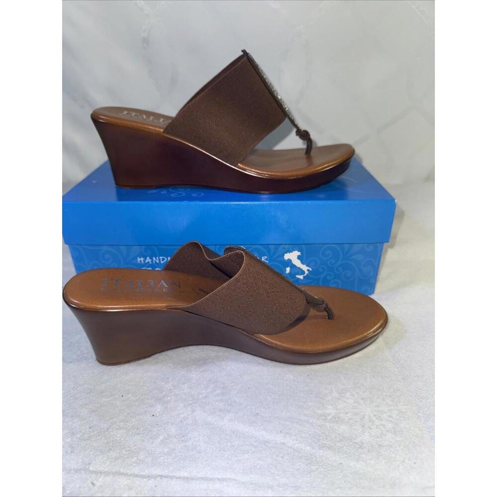 Italian Shoemakers Wedge Heel Shoe Size 8.5 Farley Thong Sandals Mocha Slip On - Picture 3 of 10